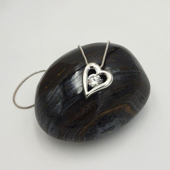 Silvertone Floating Heart Necklace with Large Rhinestone Accent - Picture 1 of 7